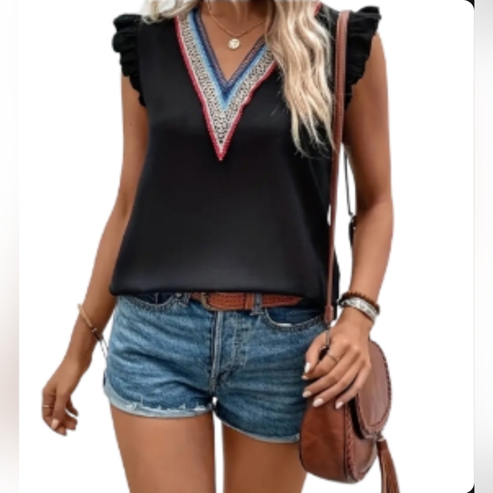 Guipure Lace Panel Ruffle Trim Blouse, Boho V Neck, Large NWT